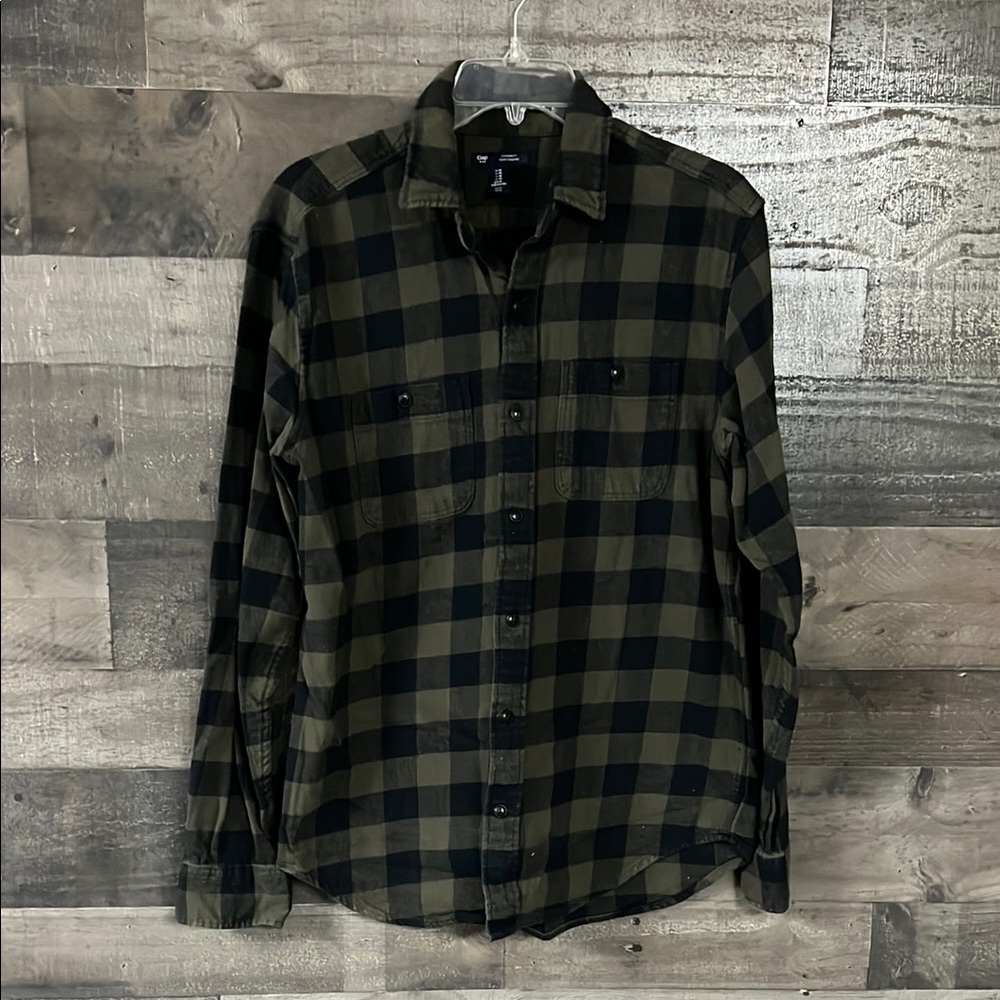GAP Men's Olive and Black Plaid Shirt